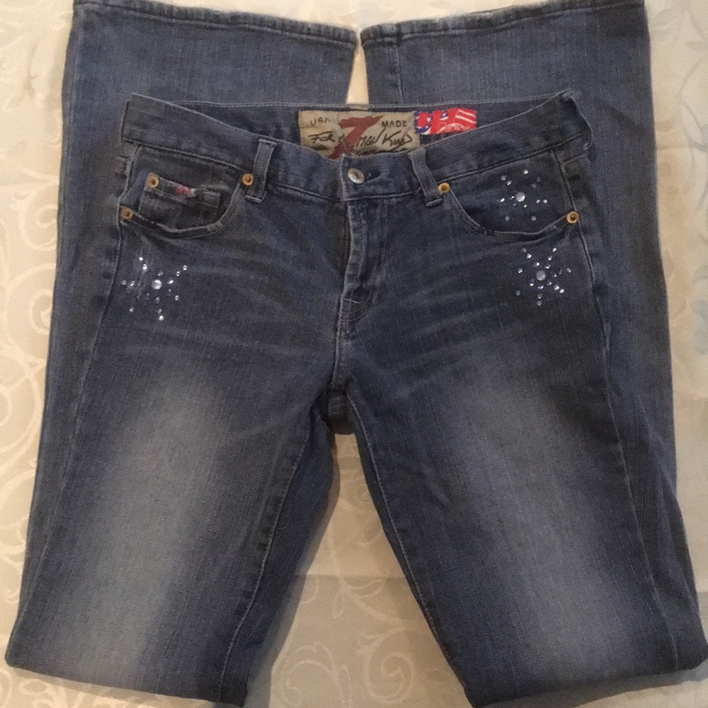 7 For All Mankind "Great China Wall" jeans. Low-rise, flare, rhinestone. Size 27